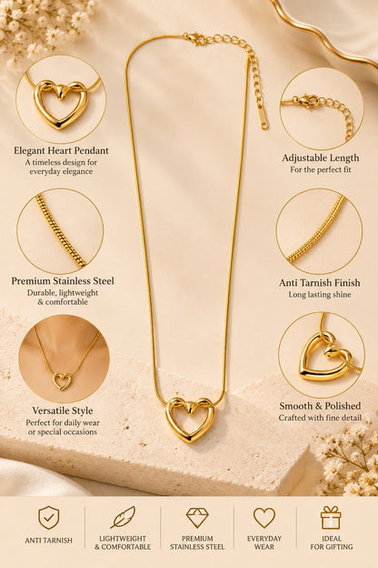 Heart pendant gold chain necklace with anti-tarnish finish for women, featuring a delicate heart-shaped design.