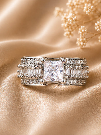 Shafaf Silver-Plated Princess Cut & Baguette AD Anti-Tarnish Adjustable Ring