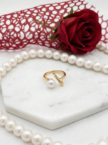 Shafaf Gold Plated Sculptural Pearl Open Ring for Women I Anti-Tarnish Abstract Branch Statement Ring, Unique Organic Minimalist Pearl Jewelry I Adjustable Artisan Bypass Band