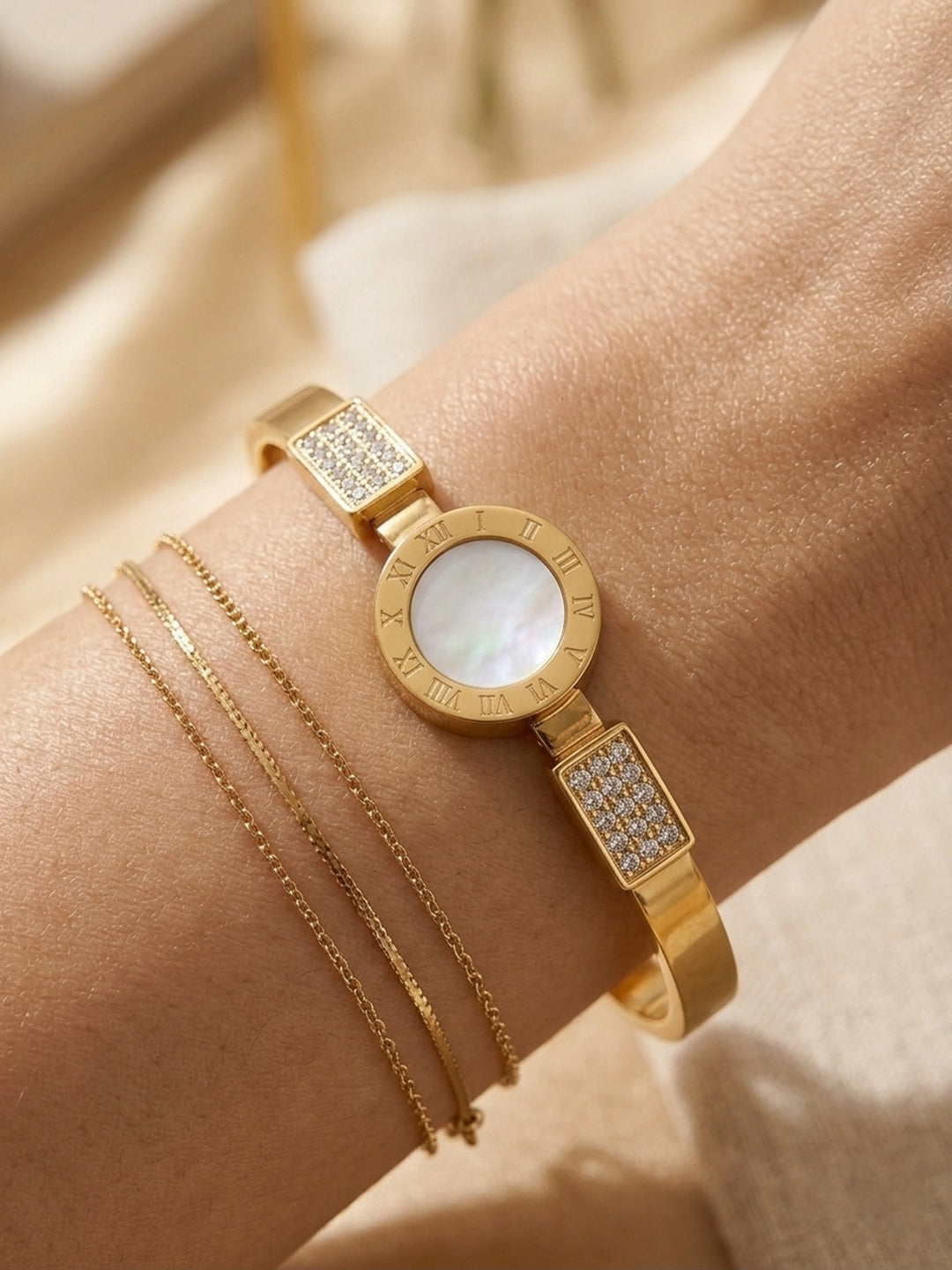 Shafaf Gold Plated Bangle Bracelet for Women I Elegant Mother of Pearl & Tarnish-Free Cuff Bracelet