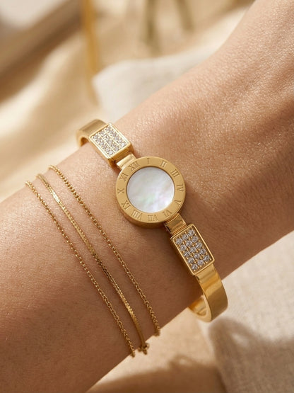 Shafaf Gold Plated Bangle Bracelet for Women I Elegant Mother of Pearl & Tarnish-Free Cuff Bracelet