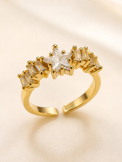 Shafaf Gold-Plated Star & Baguette AD Anti-Tarnish Adjustable Ring