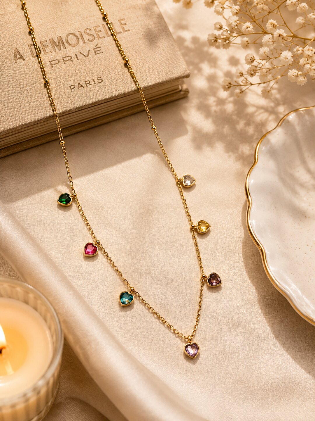 Shafaf Golden Multi-Color Heart Crystal Anti-Tarnish Neck Chain