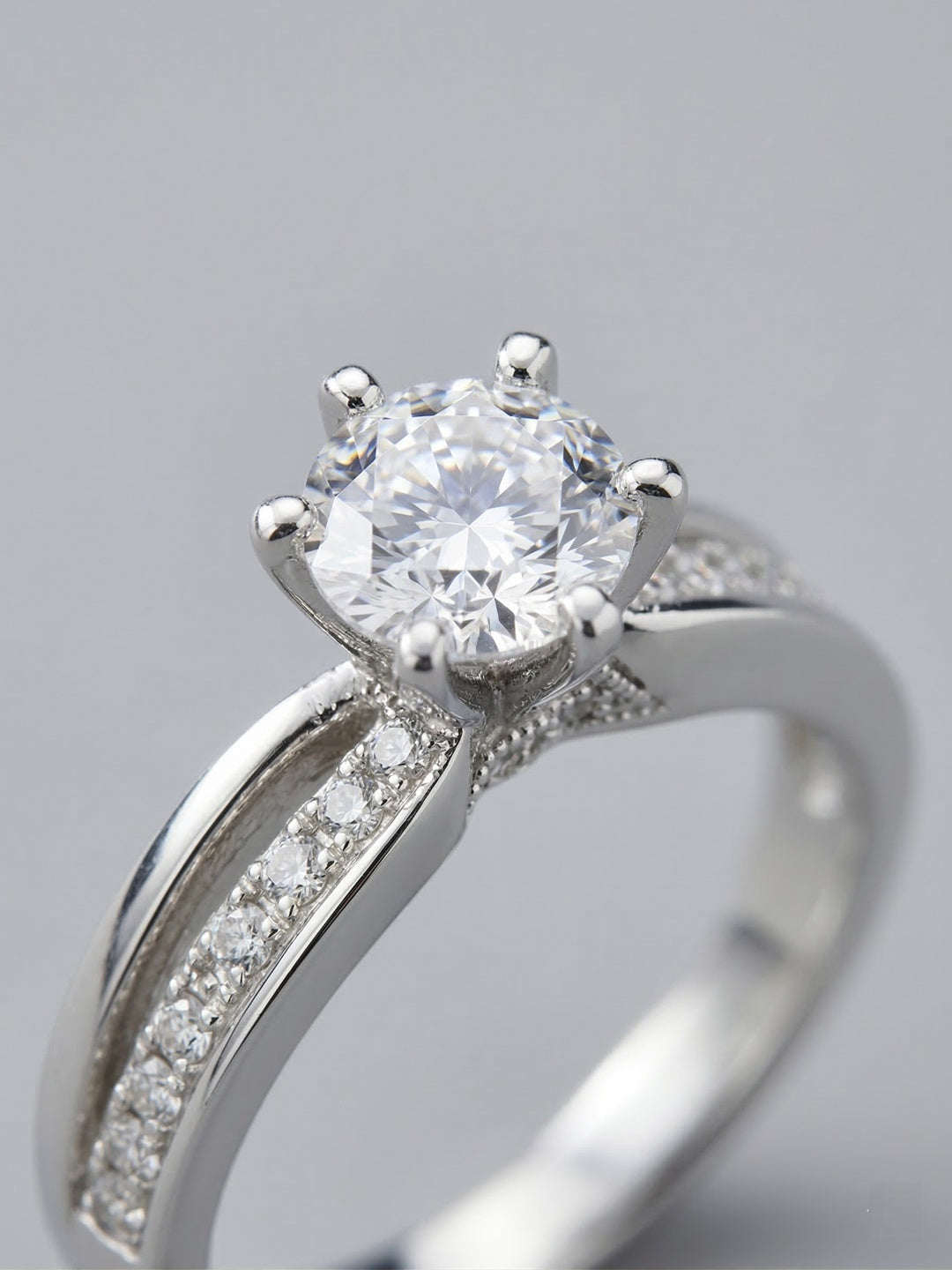Shafaf Round American Diamond Ring, Silver-Toned, Six-Prong Setting with Pave Band