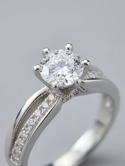 Shafaf Round American Diamond Ring, Silver-Toned, Six-Prong Setting with Pave Band