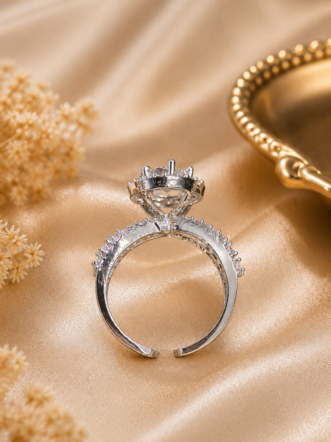 Shafaf Silver-Plated Round Halo AD Multi-Band Adjustable Ring