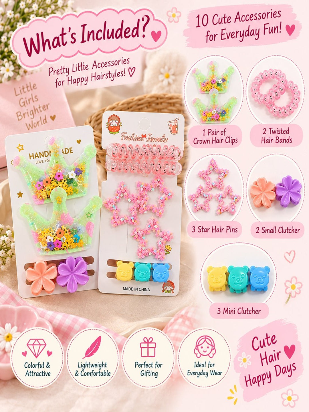 Adorable character theme hair accessories, jewelry and cotton hankie gift combo set for girls