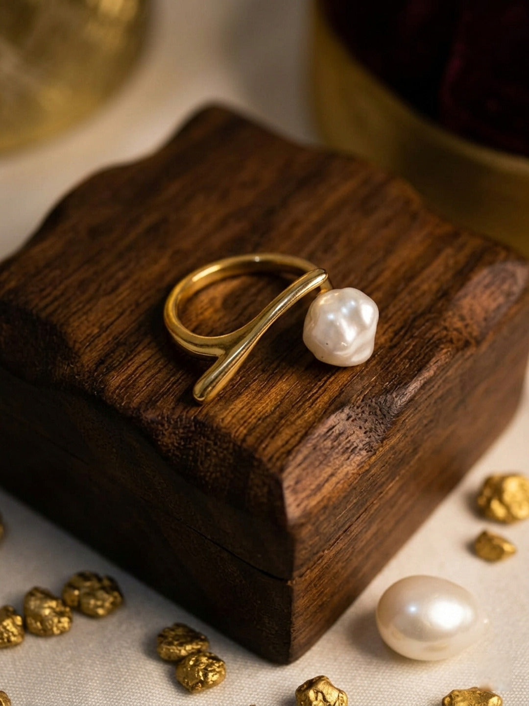 Shafaf Gold Plated Baroque Pearl Bypass Ring for Women, Anti-Tarnish Handmade Irregular Cultured Pearl Statement Ring I Unique Organic Minimalist Jewelry Adjustable Open Band Gifting for Her