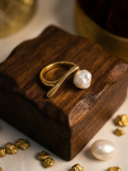 Shafaf Gold Plated Baroque Pearl Bypass Ring for Women, Anti-Tarnish Handmade Irregular Cultured Pearl Statement Ring I Unique Organic Minimalist Jewelry Adjustable Open Band Gifting for Her