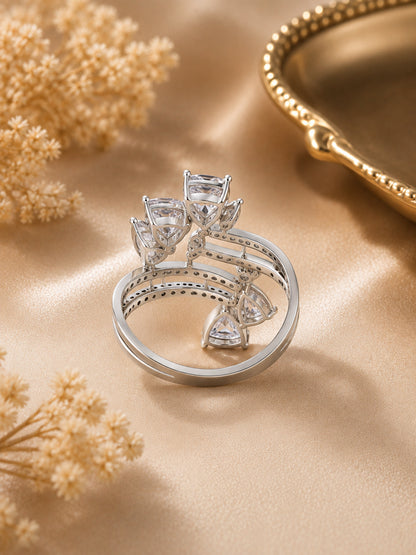 Shafaf Silver-Plated Sparkling AD Stone Cluster Adjustable Ring