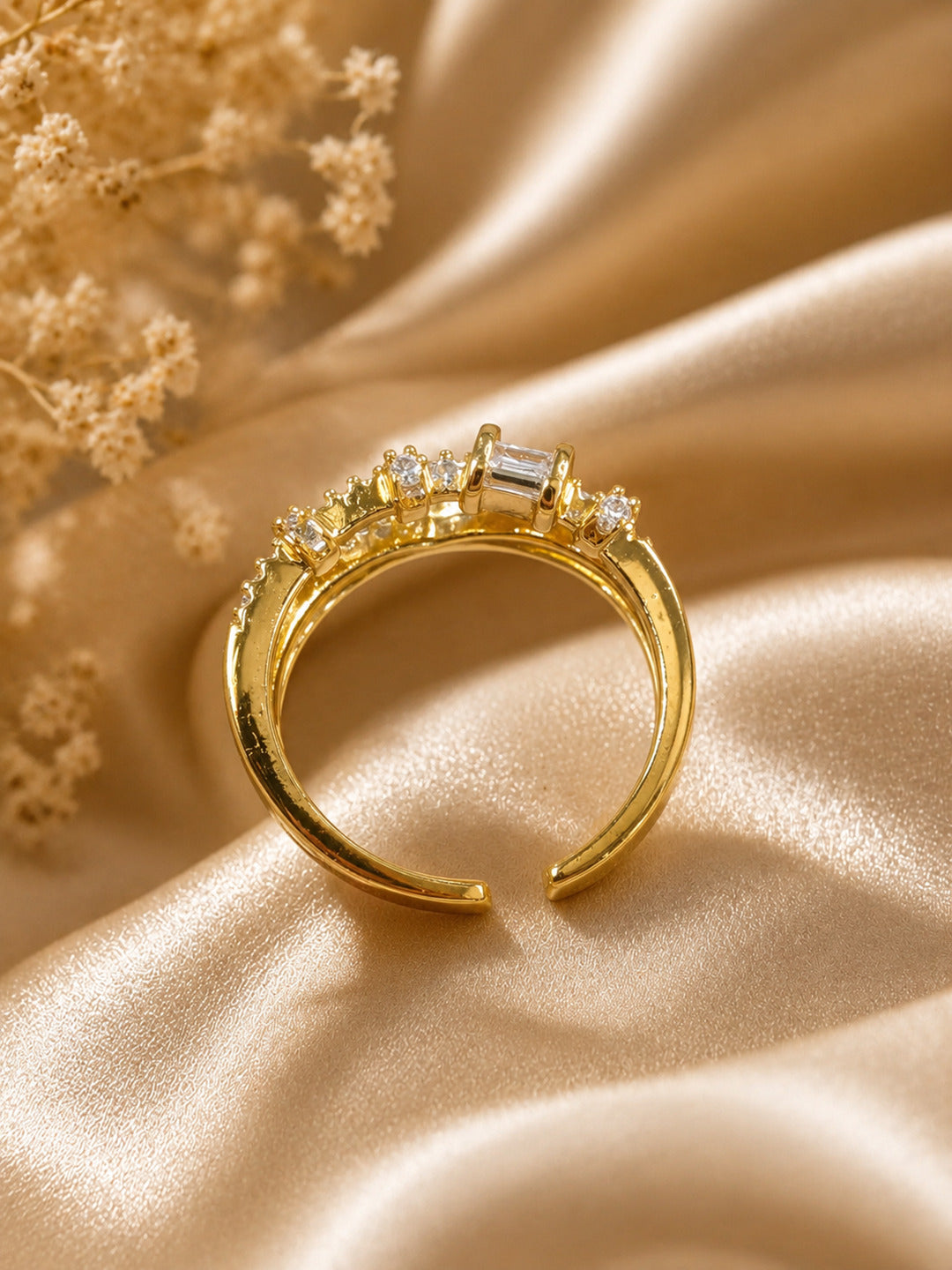 Shafaf Gold-Plated Multi-Band Baguette & Pave AD Anti-Tarnish Adjustable Ring