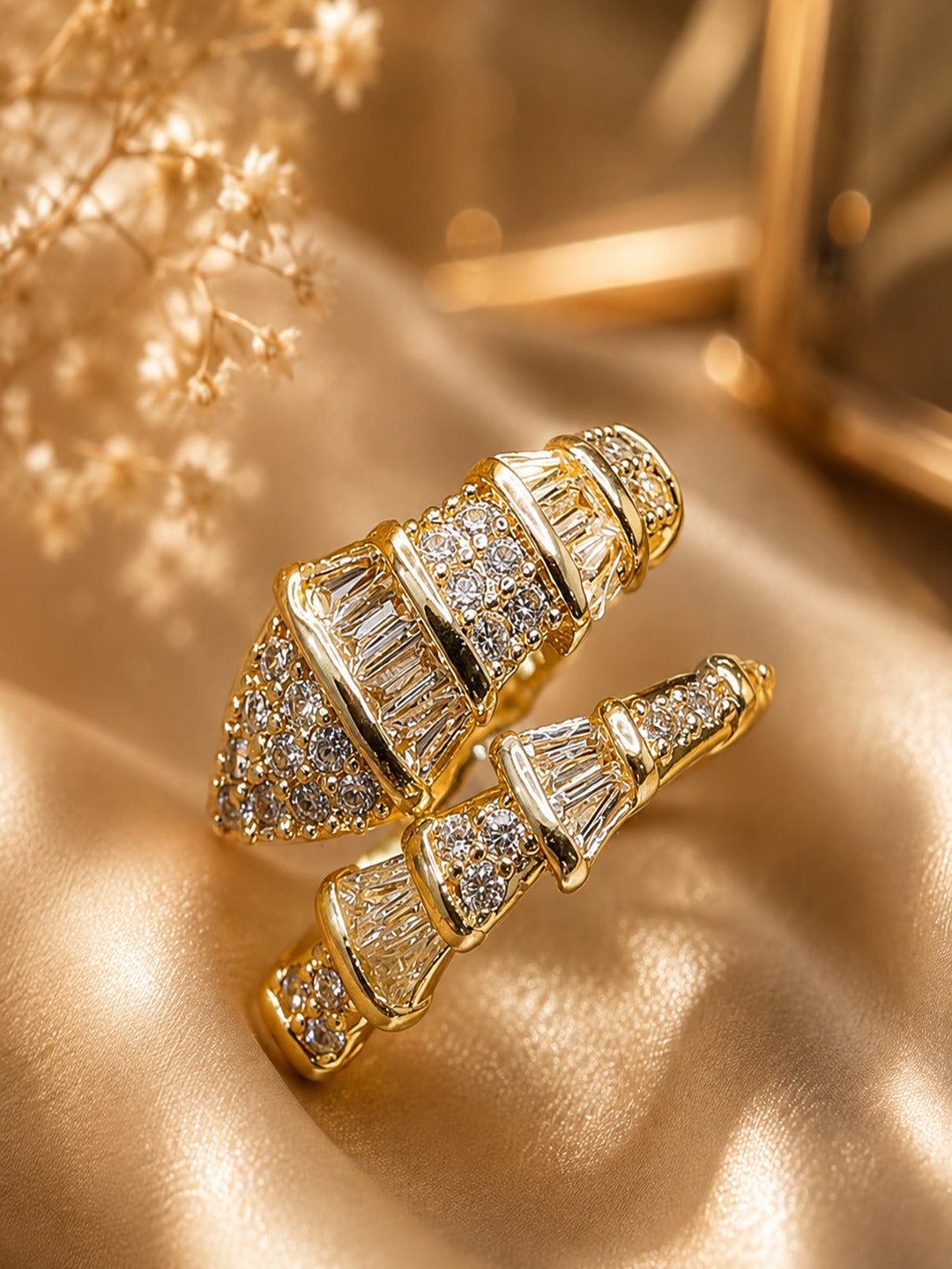 Shafaf Gold-Plated Croissant Dome Baguette & Pave AD Anti-Tarnish Adjustable Ring