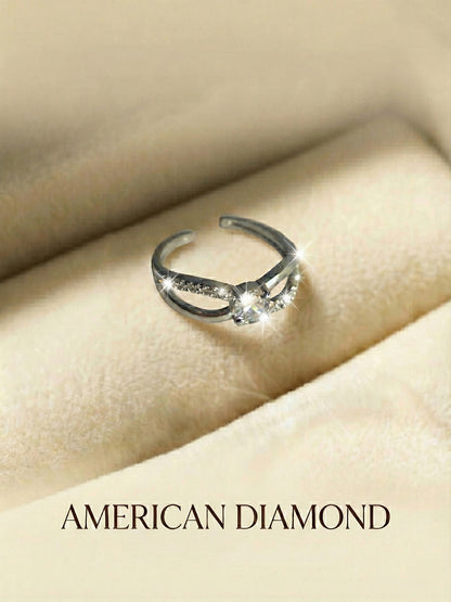 Shafaf American Diamond Silver Color Ring for Women, Adjustable Open Band with Cubic Zirconia Stone