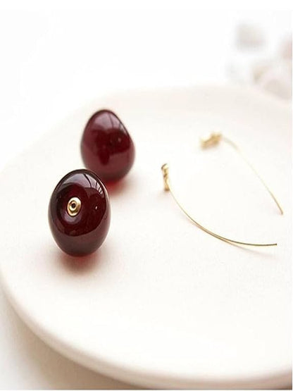 Shafaf Realistic Deep Red Cherry Drop Earrings with Gold Stems For Women and Girls