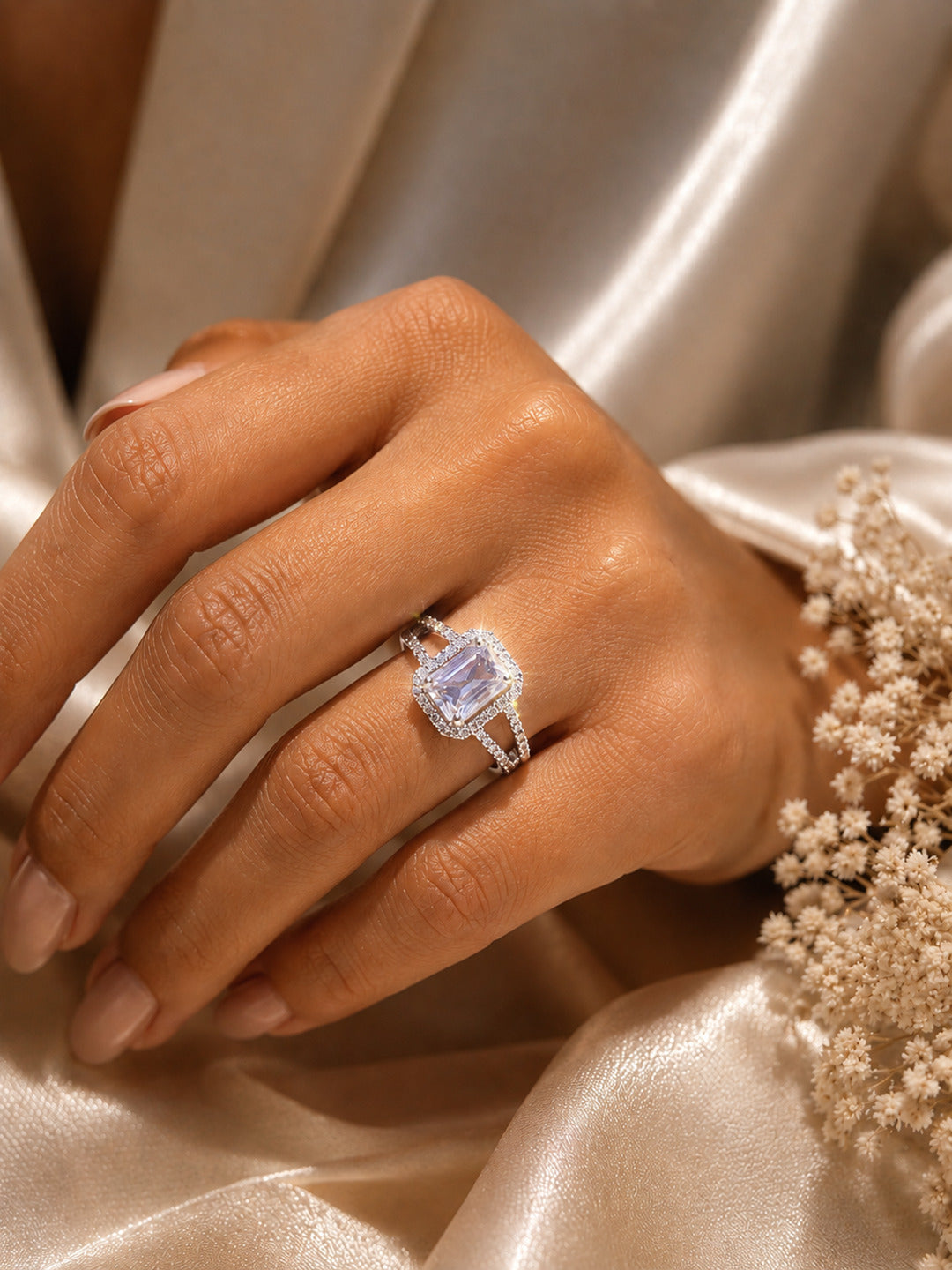 Shafaf Silver-Plated Emerald-Cut Halo AD Adjustable Ring
