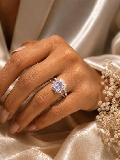 Shafaf Silver-Plated Emerald-Cut Halo AD Adjustable Ring