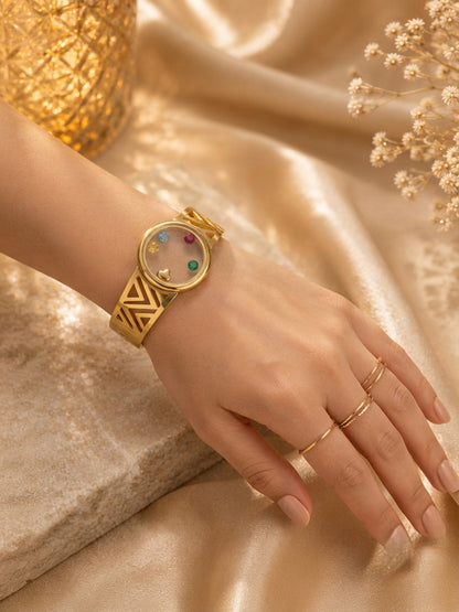 Shafaf Gold-Plated Floating Multi-Color AD Stones Geometric Anti-Tarnish Adjustable Bracelet