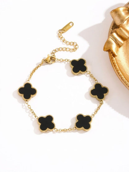 Shafaf Women's Reversible Clover Bracelet, Gold Chain with Black Motifs, Adjustable Length