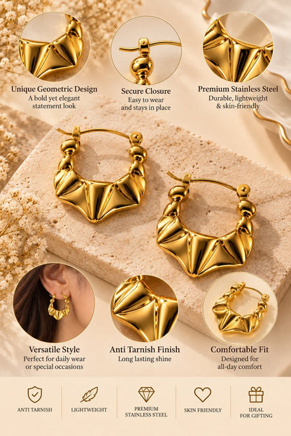 Golden sculpted statement hoop earrings with anti-tarnish finish for women, featuring a bold geometric design.