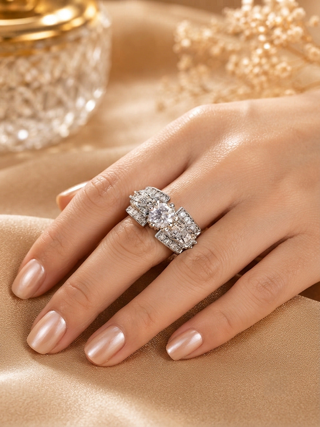 Shafaf Silver-Plated Round Cut & Baguette AD Adjustable Ring