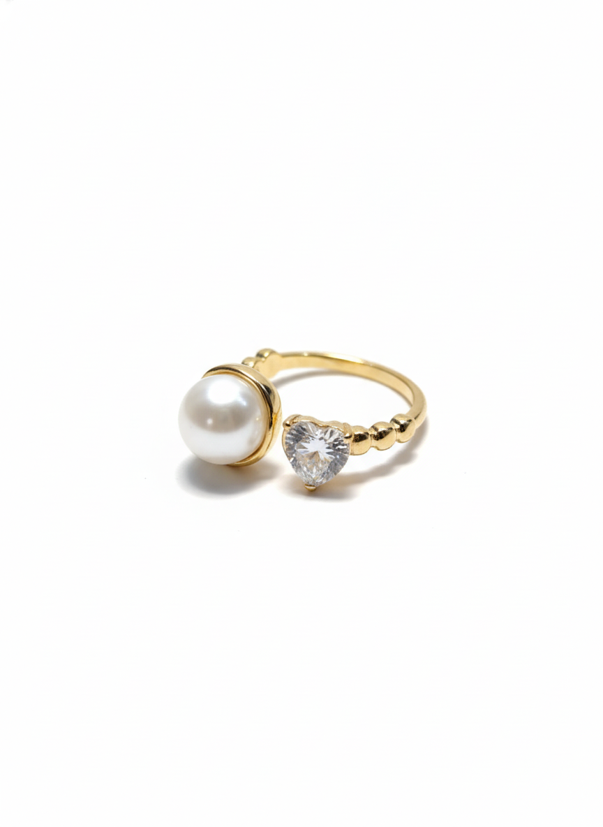 Shafaf Gold Plated Heart Cubic Zirconia and Shell Pearl Open Ring for Women I Adjustable Anti-Tarnish Toi et Moi Statement Ring, Romantic Heart Shaped Crystal Jewelry