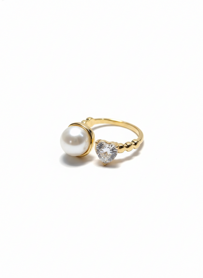 Shafaf Gold Plated Heart Cubic Zirconia and Shell Pearl Open Ring for Women I Adjustable Anti-Tarnish Toi et Moi Statement Ring, Romantic Heart Shaped Crystal Jewelry