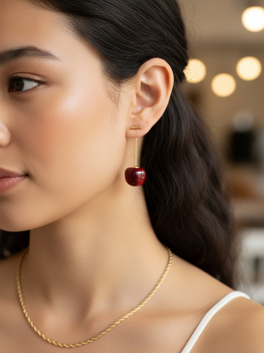 Shafaf Realistic Deep Red Cherry Drop Earrings with Gold Stems For Women and Girls
