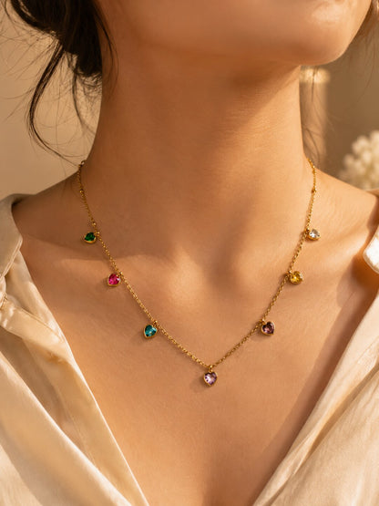 Shafaf Golden Multi-Color Heart Crystal Anti-Tarnish Neck Chain