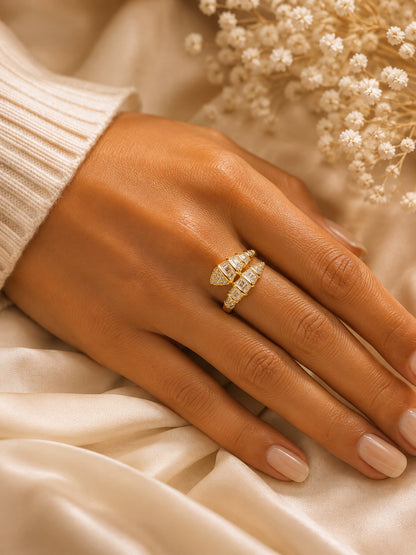 Shafaf Gold-Plated Croissant Dome Baguette & Pave AD Anti-Tarnish Adjustable Ring