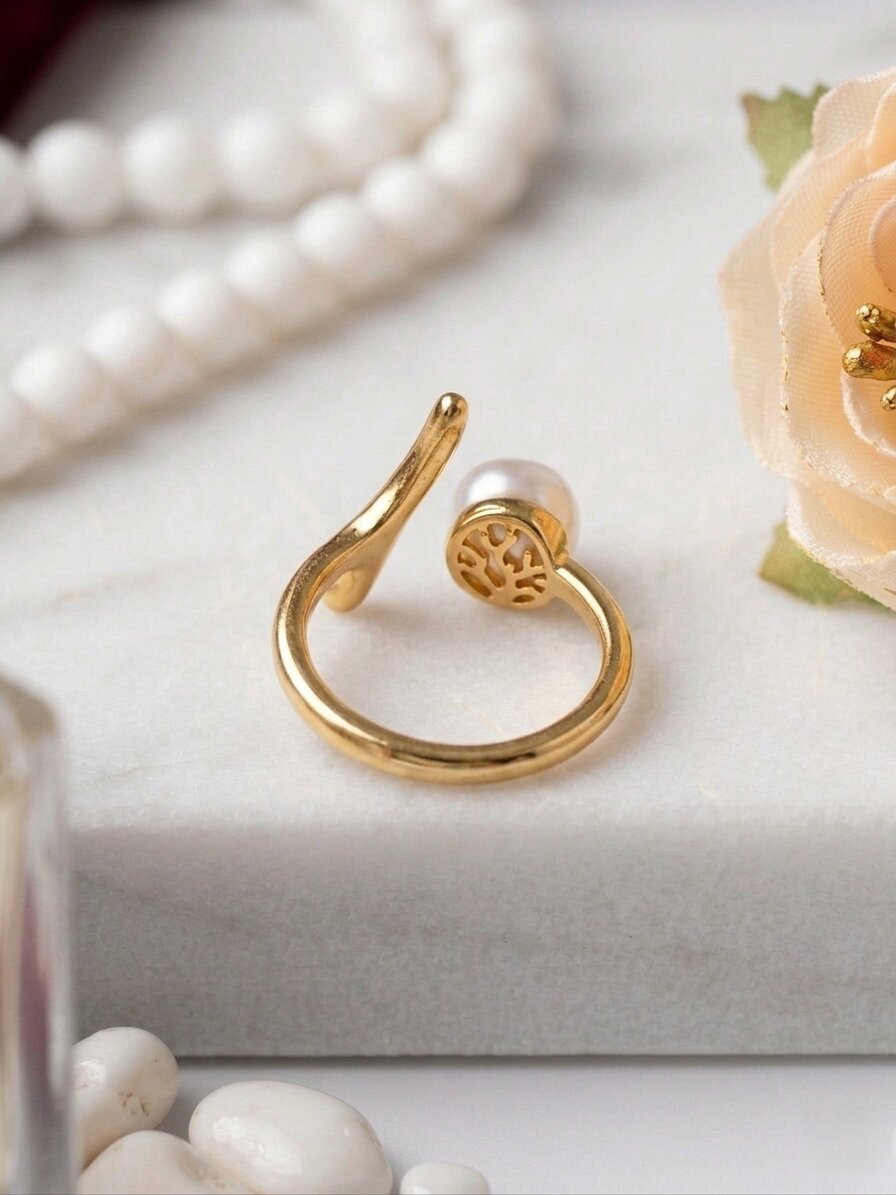 Shafaf Gold Plated Sculptural Pearl Open Ring for Women I Anti-Tarnish Abstract Branch Statement Ring, Unique Organic Minimalist Pearl Jewelry I Adjustable Artisan Bypass Band