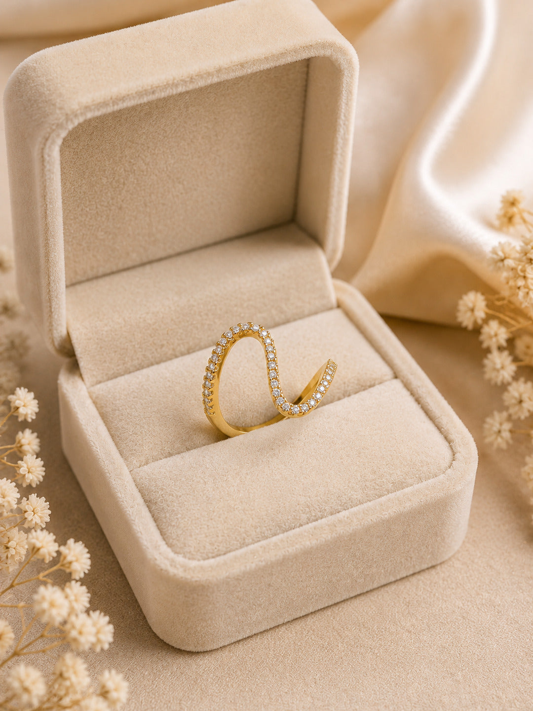 Shafaf Gold-Plated Wavy Pave AD Anti-Tarnish Adjustable Ring