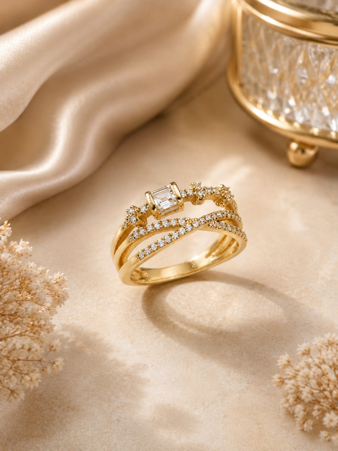 Shafaf Gold-Plated Multi-Band Baguette & Pave AD Anti-Tarnish Adjustable Ring
