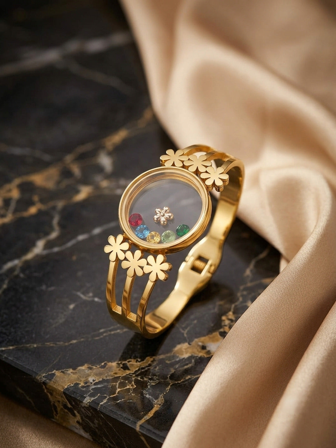 Shafaf Gold-Plated Floating Multi-Color AD Stones Floral Anti-Tarnish Adjustable Bracelet