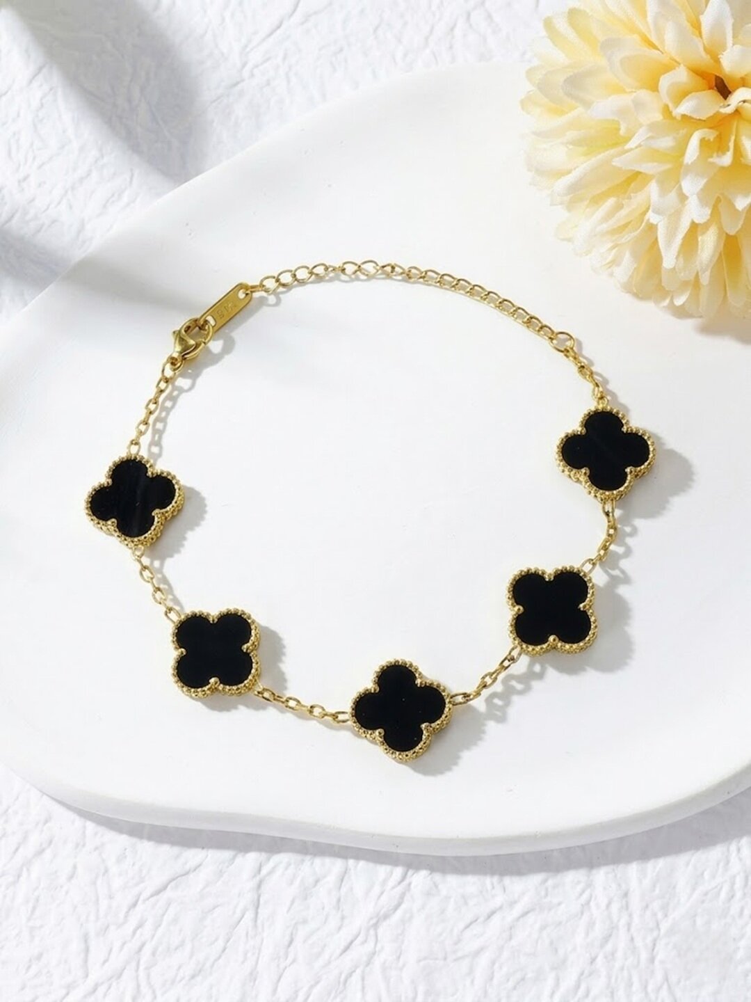 Shafaf Women's Reversible Clover Bracelet, Gold Chain with Black Motifs, Adjustable Length