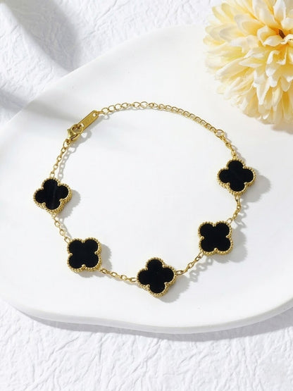 Shafaf Women's Reversible Clover Bracelet, Gold Chain with Black Motifs, Adjustable Length