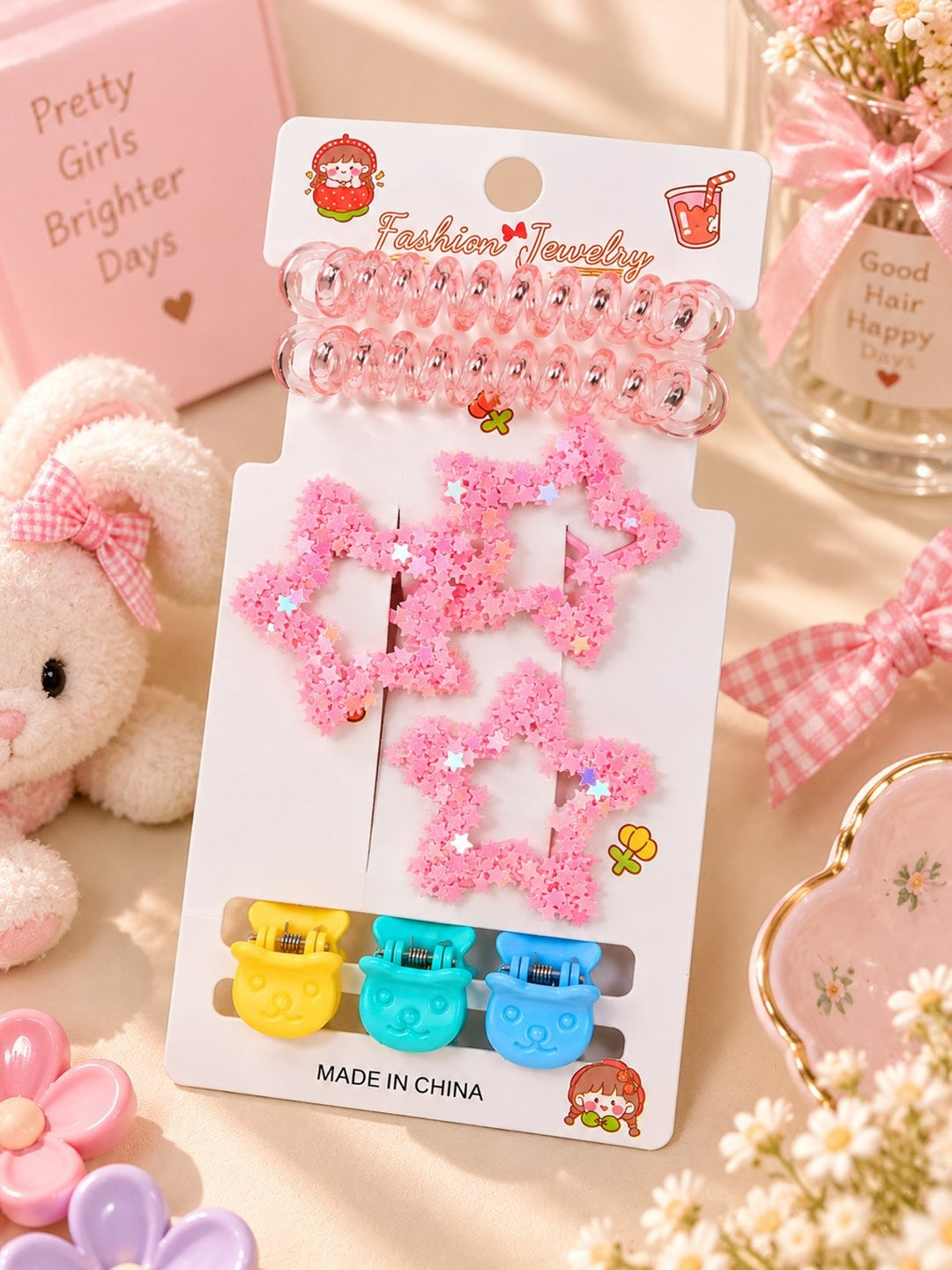 Adorable character theme hair accessories, jewelry and cotton hankie gift combo set for girls