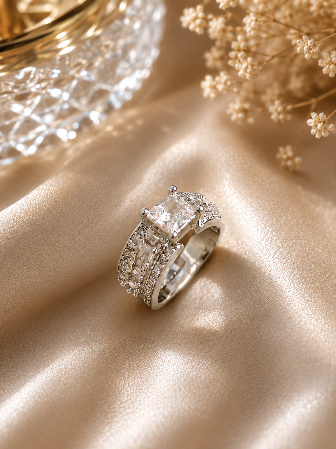 Shafaf Silver-Plated Princess Cut & Baguette AD Anti-Tarnish Adjustable Ring