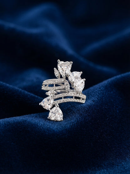 Shafaf Silver-Plated Sparkling AD Stone Cluster Adjustable Ring