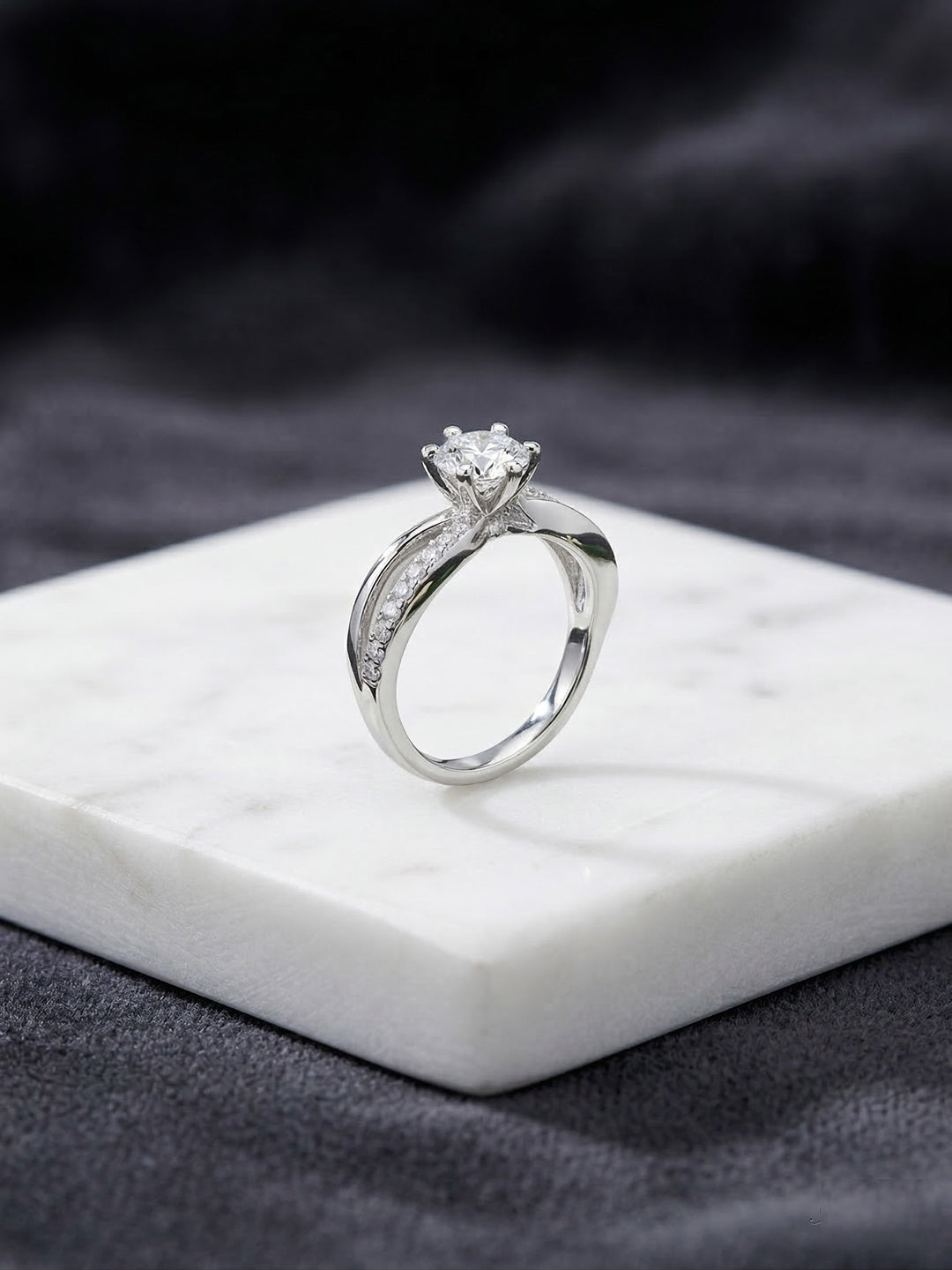 Shafaf Round American Diamond Ring, Silver-Toned, Six-Prong Setting with Pave Band