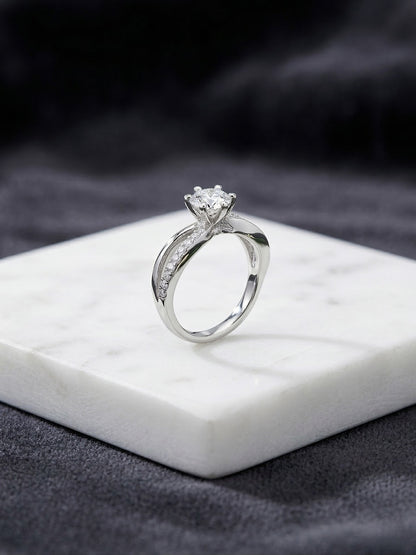 Shafaf Round American Diamond Ring, Silver-Toned, Six-Prong Setting with Pave Band