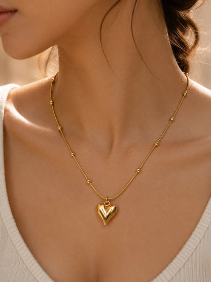 Shafaf Gold Puffed Heart Pendant with Beaded Chain for Women