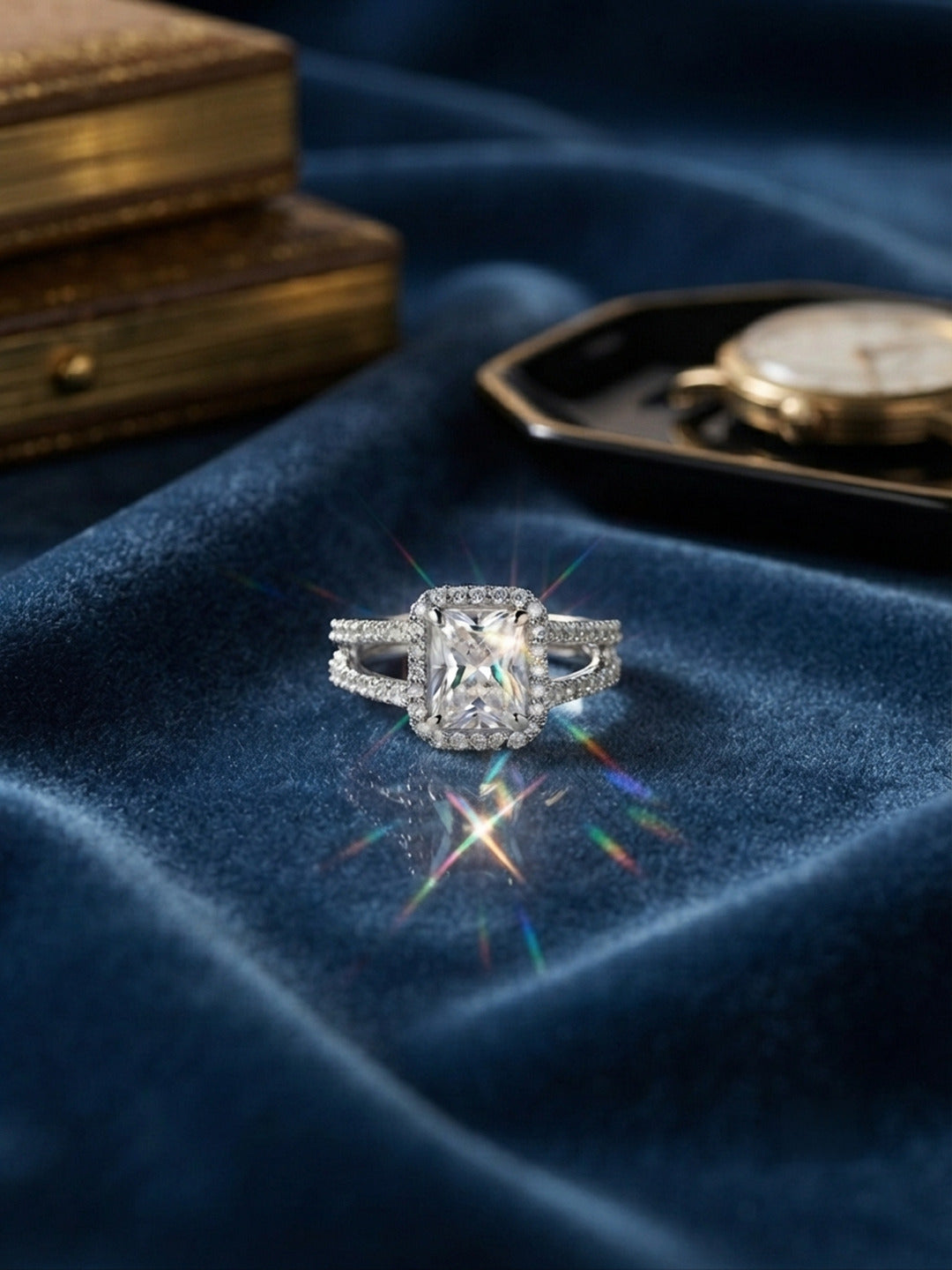 Shafaf Silver-Plated Emerald-Cut Halo AD Adjustable Ring