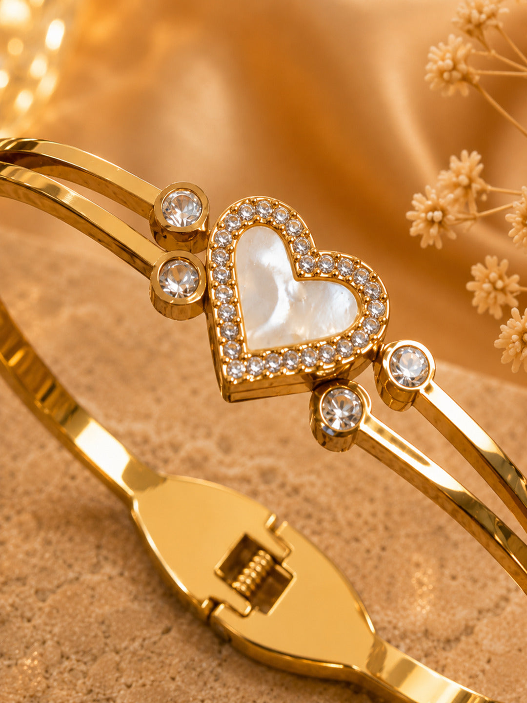 Shafaf Gold-Plated Mother of Pearl Heart & AD Stones Anti-Tarnish Adjustable Bracelet