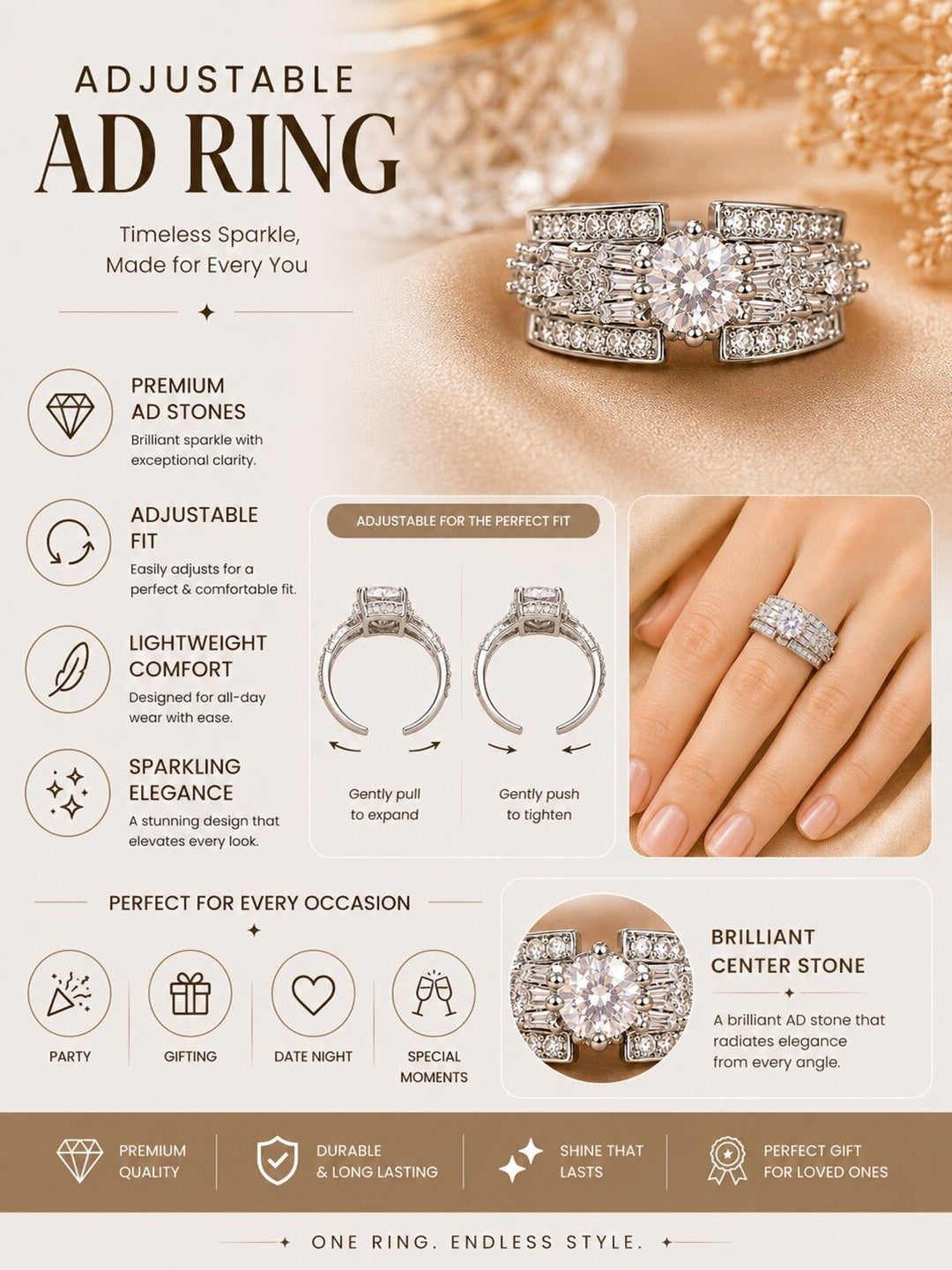 Shafaf Silver-Plated Round Cut & Baguette AD Adjustable Ring