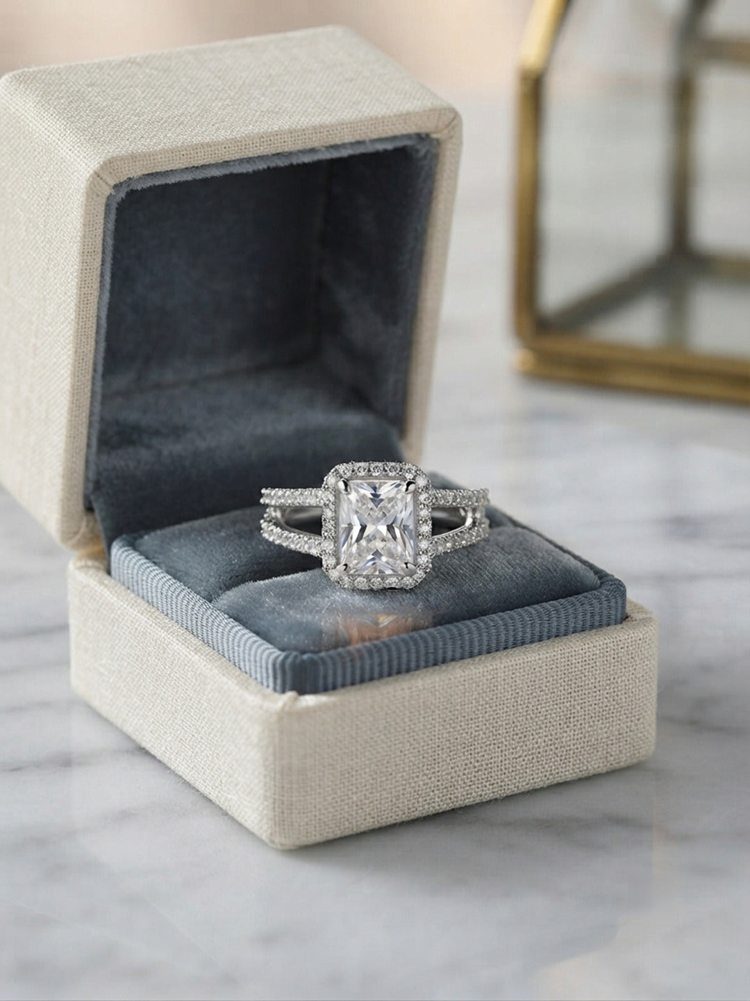 Shafaf Silver-Plated Emerald-Cut Halo AD Adjustable Ring