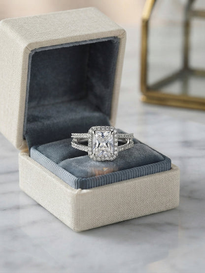 Shafaf Silver-Plated Emerald-Cut Halo AD Adjustable Ring