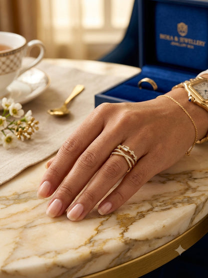 Shafaf Gold-Plated Multi-Band Baguette & Pave AD Anti-Tarnish Adjustable Ring