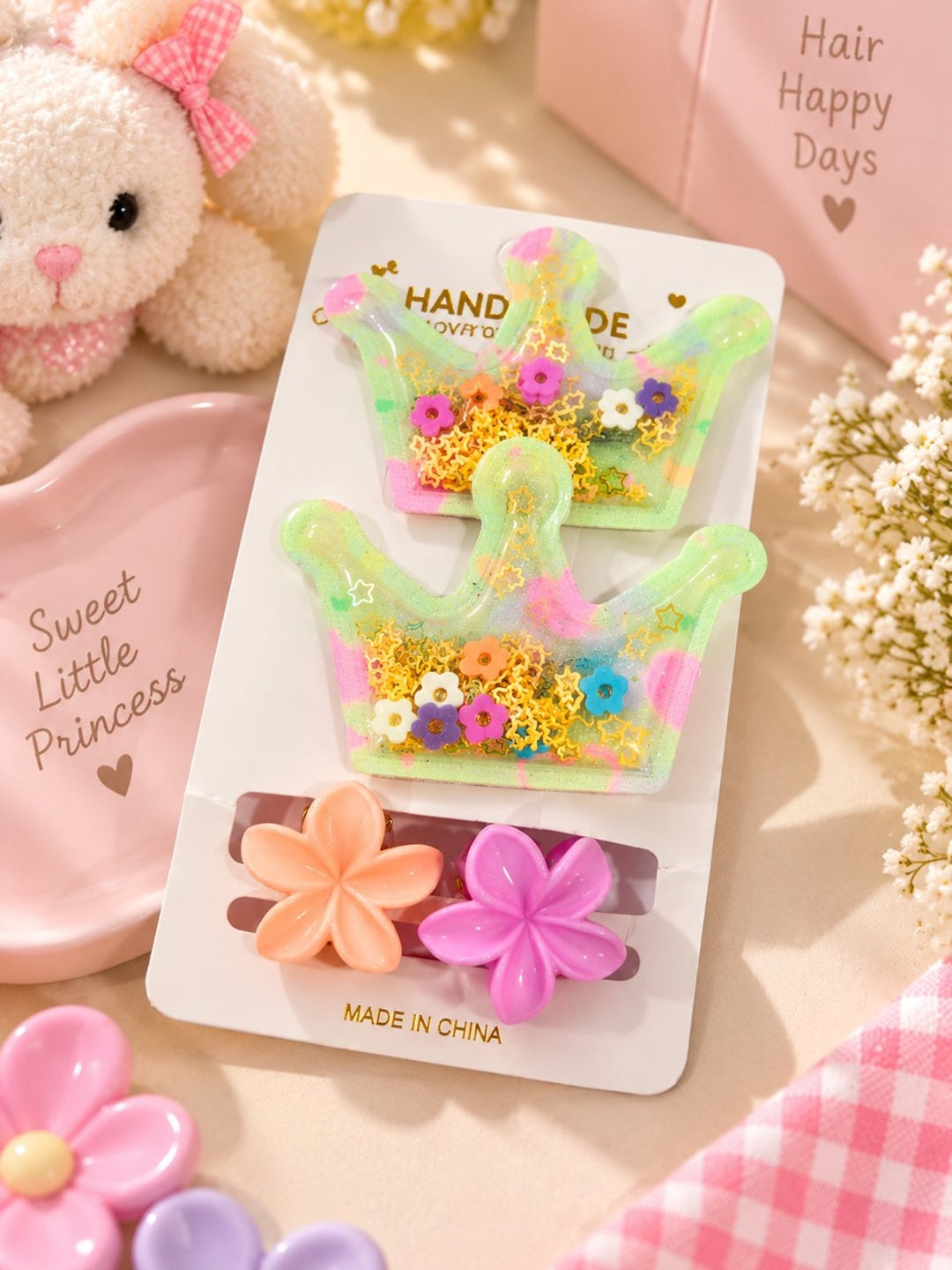 Adorable character theme hair accessories, jewelry and cotton hankie gift combo set for girls