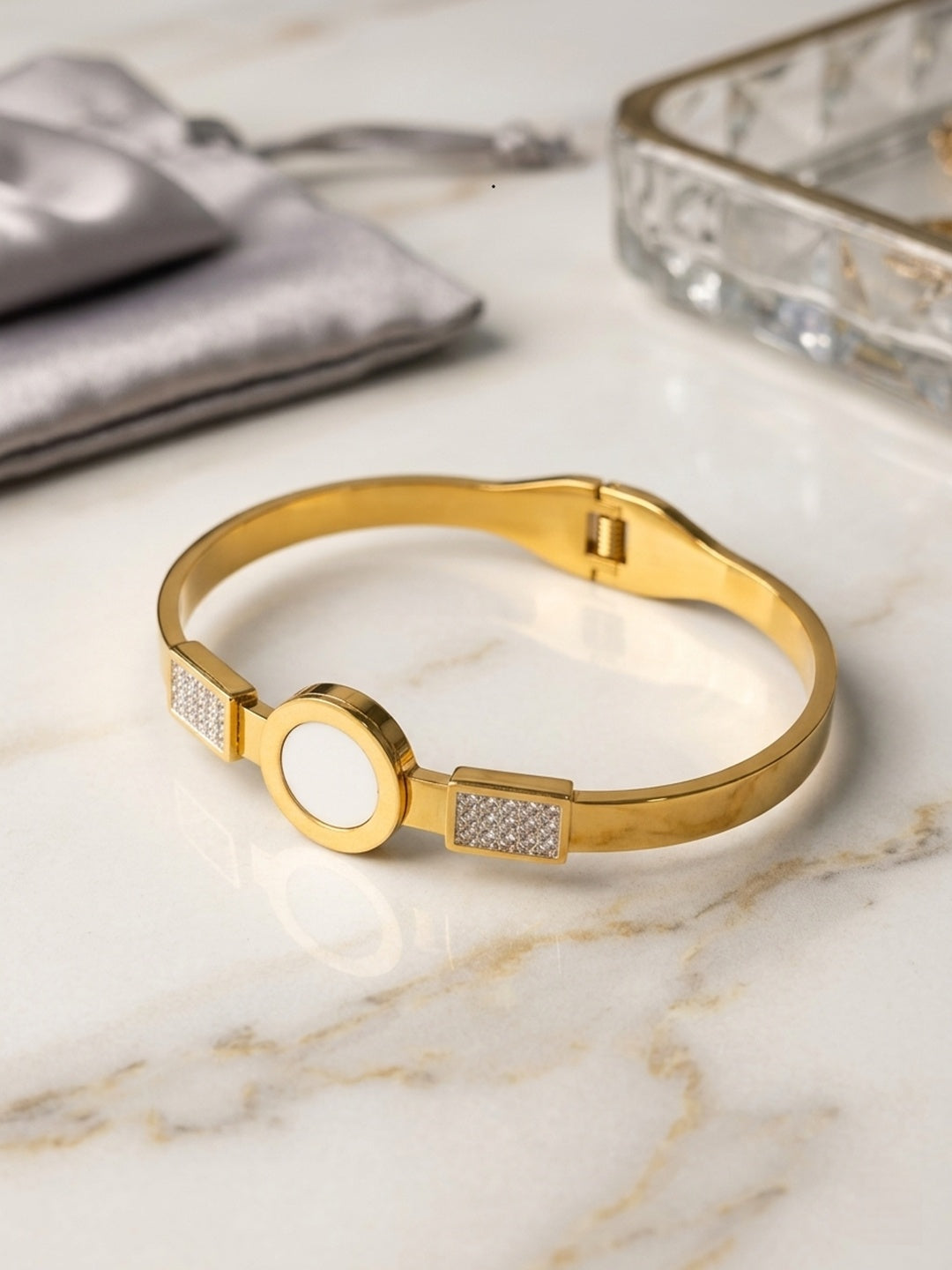 Shafaf Gold Plated Bangle Bracelet for Women I Elegant Mother of Pearl & Tarnish-Free Cuff Bracelet