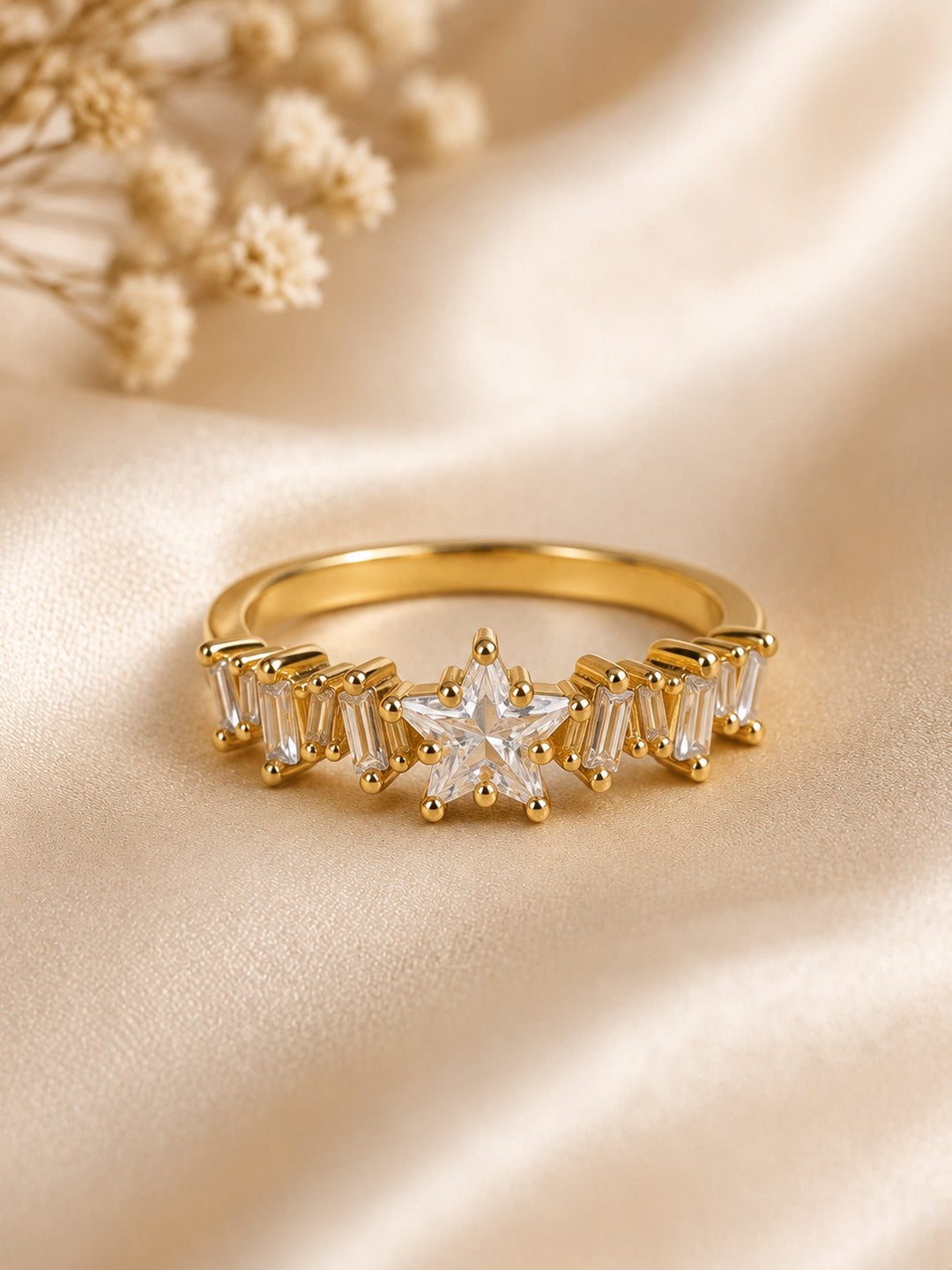 Shafaf Gold-Plated Star & Baguette AD Anti-Tarnish Adjustable Ring